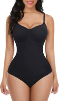 Plus size women's stretch nylon hip lift belly control sling body shaper in black, shown front view