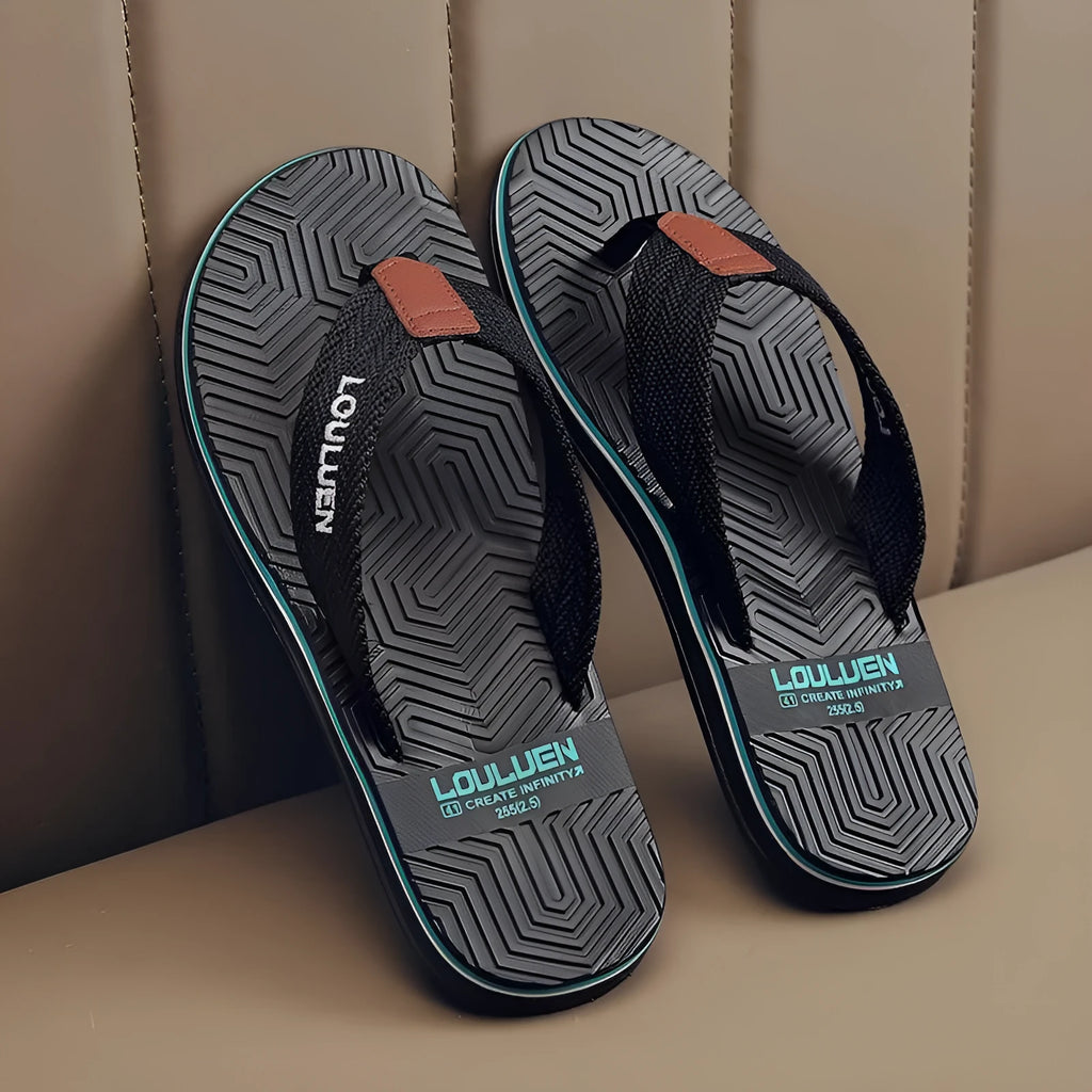 Men's open-toe flip flops in black, khaki, or green with a textured non-slip sole.