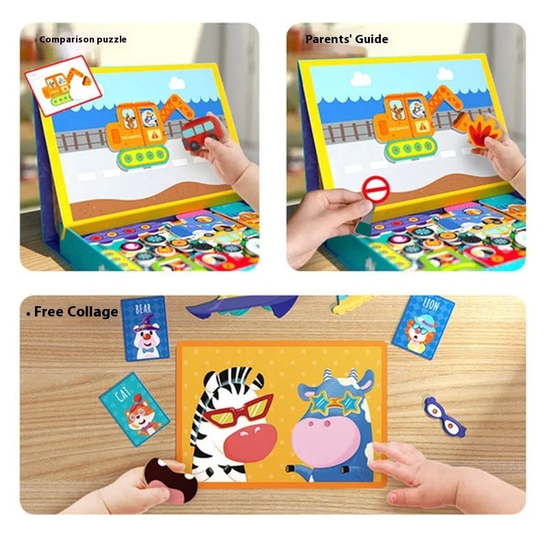 Children's wooden magnetic puzzle board with themed sticker toys in colour box, 27x20x4.3cm