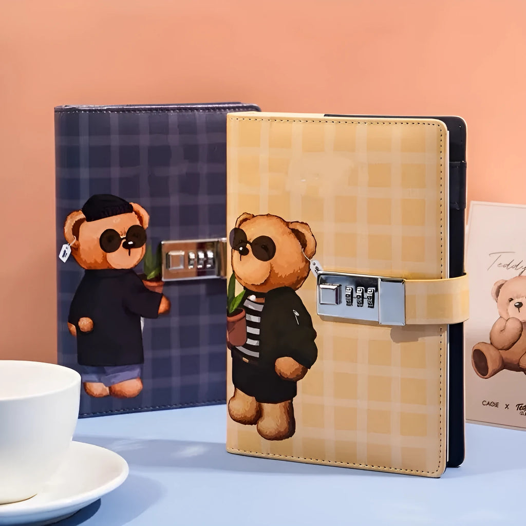 B6 lockable password book with hard PU cover retro print and lock open on wooden table