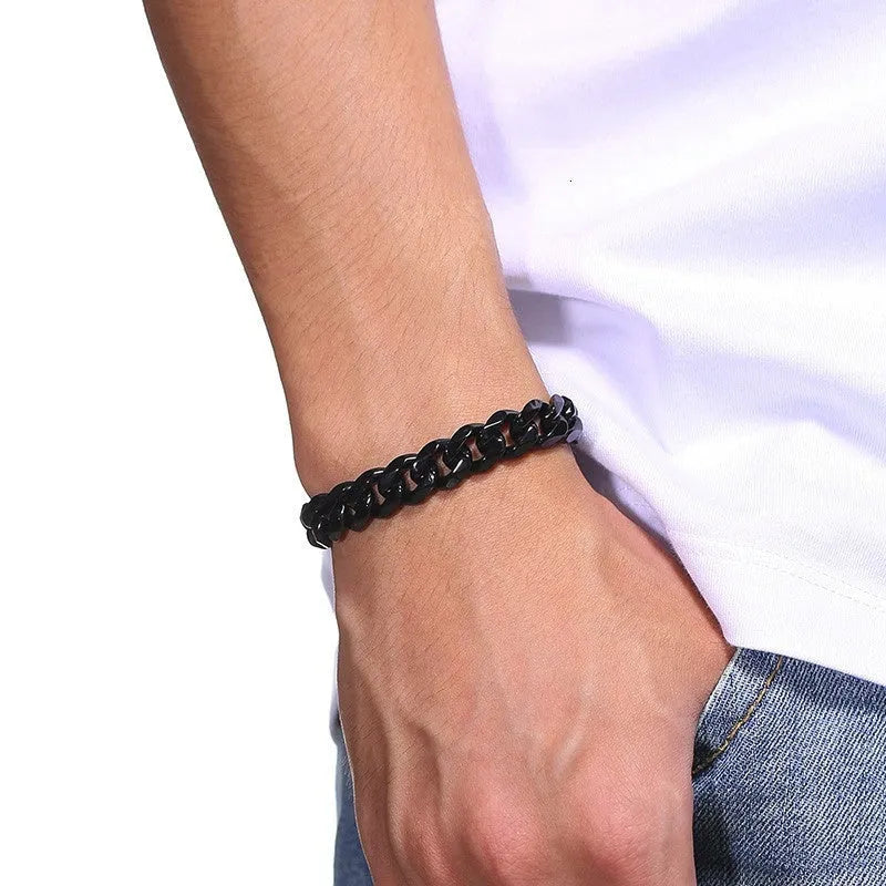 Six-sided geometric Cuban link bracelet in gold, black, or steel colour with multiple width options