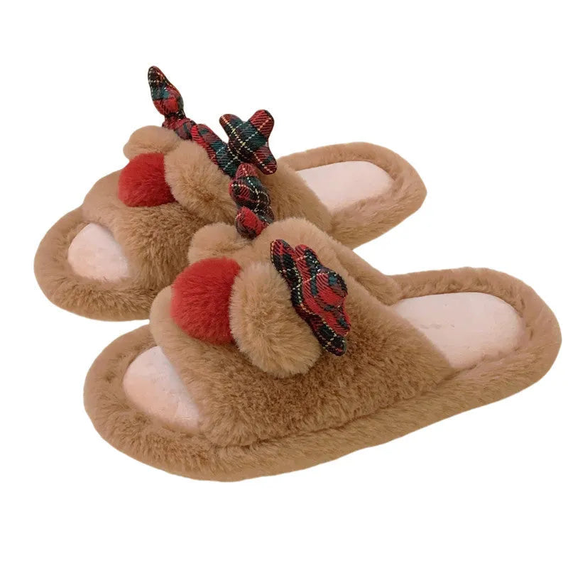 Brown women's indoor slippers with cartoon deer design, suede upper, and PVC sole