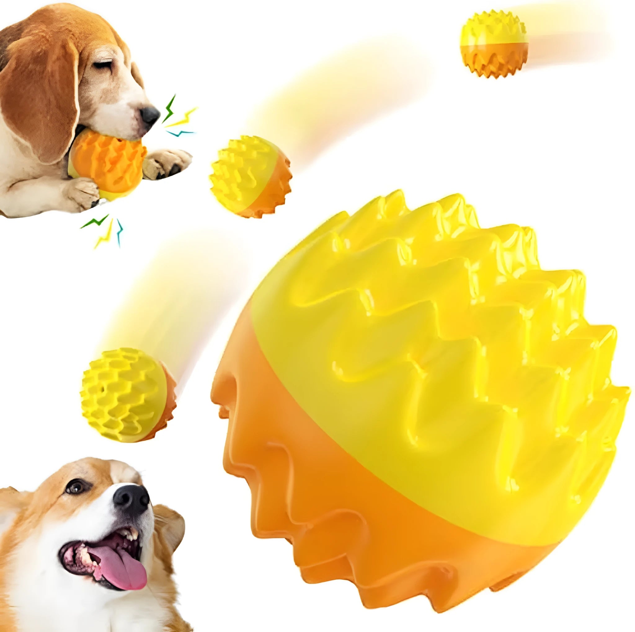 Blue and orange spiky rubber dog ball with squeaker for aggressive chewers and dental cleaning
