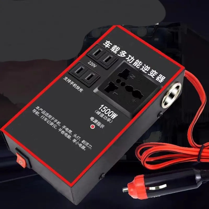 Black automotive power converter with 220V socket and USB ports for car cigarette lighter