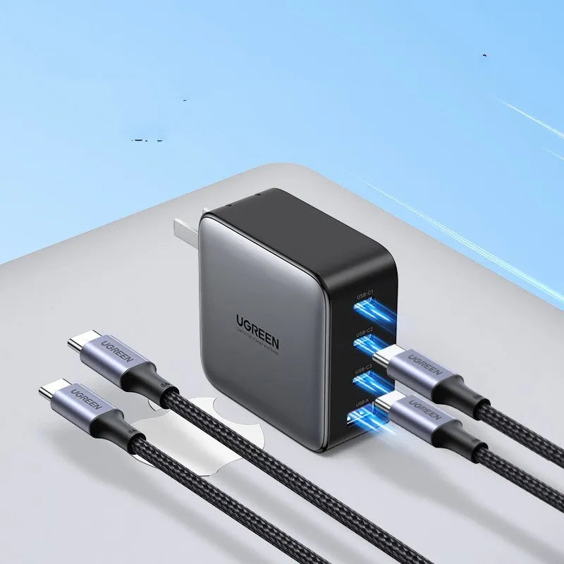 100W Gallium Nitride GaN multi-port USB-C fast charger plug on a table