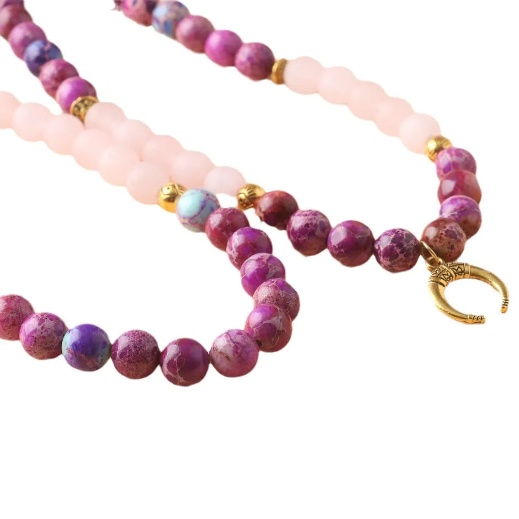 Pink crystal beads and Emperor Stone round pendant on women's personalised necklace