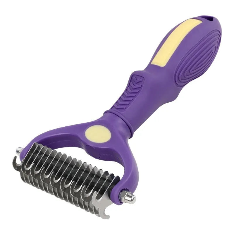 Purple double-sided plastic pet comb for removing knots from dog and cat fur.