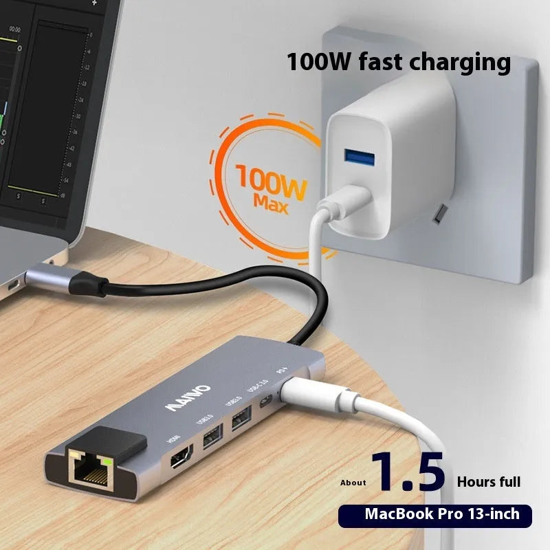 Steam Deck six-port docking station with aluminium shell and USB-C cable for desktop expansion