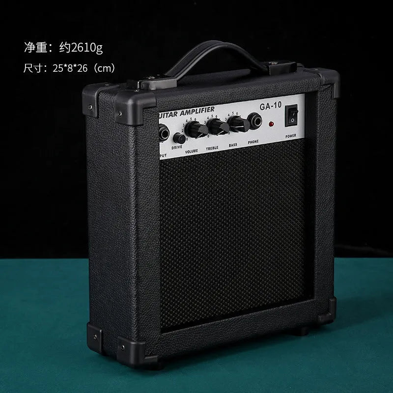 Small GA-10 10W guitar amplifier speaker with metal and plastic construction, 25x8x26cm