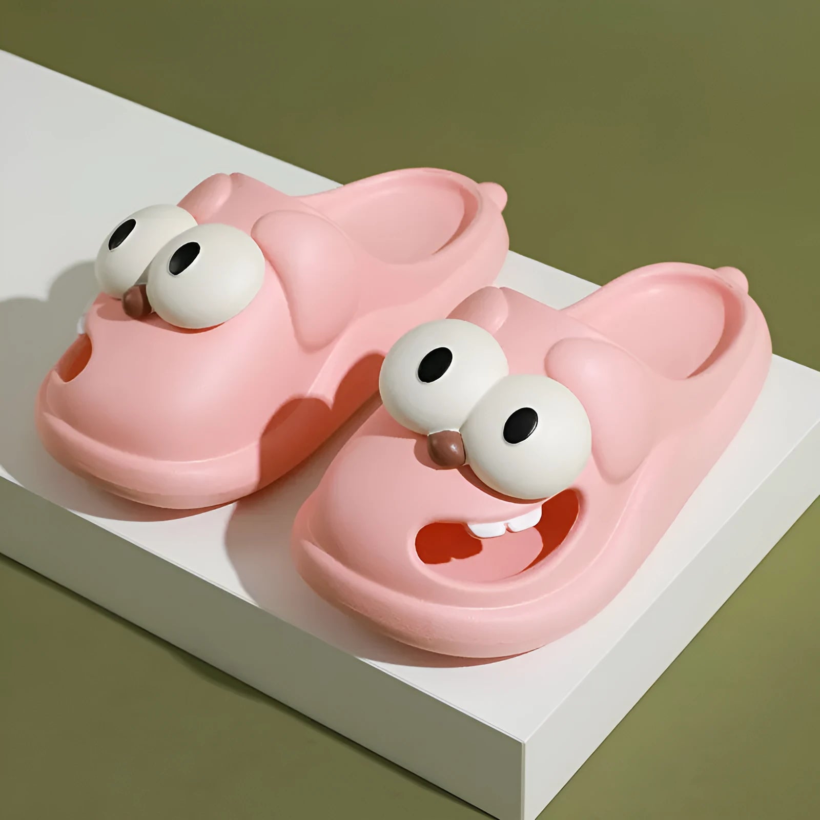 Cartoon big eye dog slippers for women, PVC upper, green colour, fun animal face design
