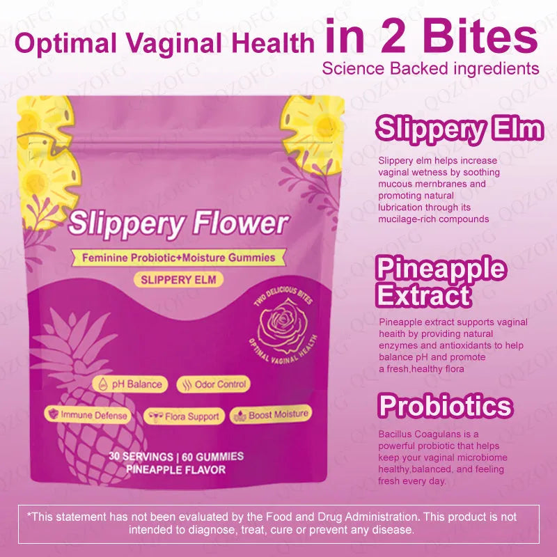Feminine Probiotic Gummy 60 Count pouch with natural pineapple flavor for vaginal flora support