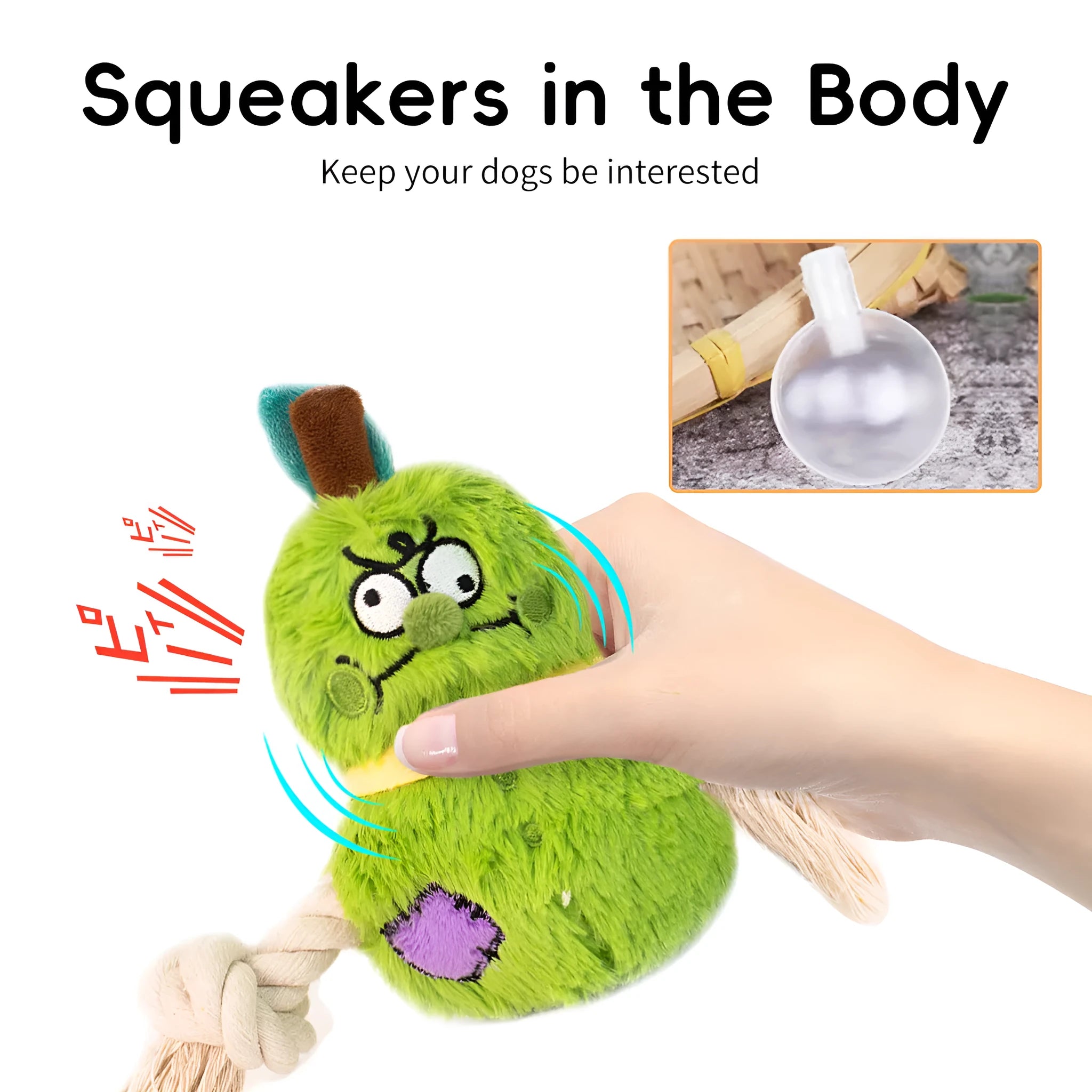 Green and purple interactive plush dog toy with rope knots and a molar tooth design for tug of war.