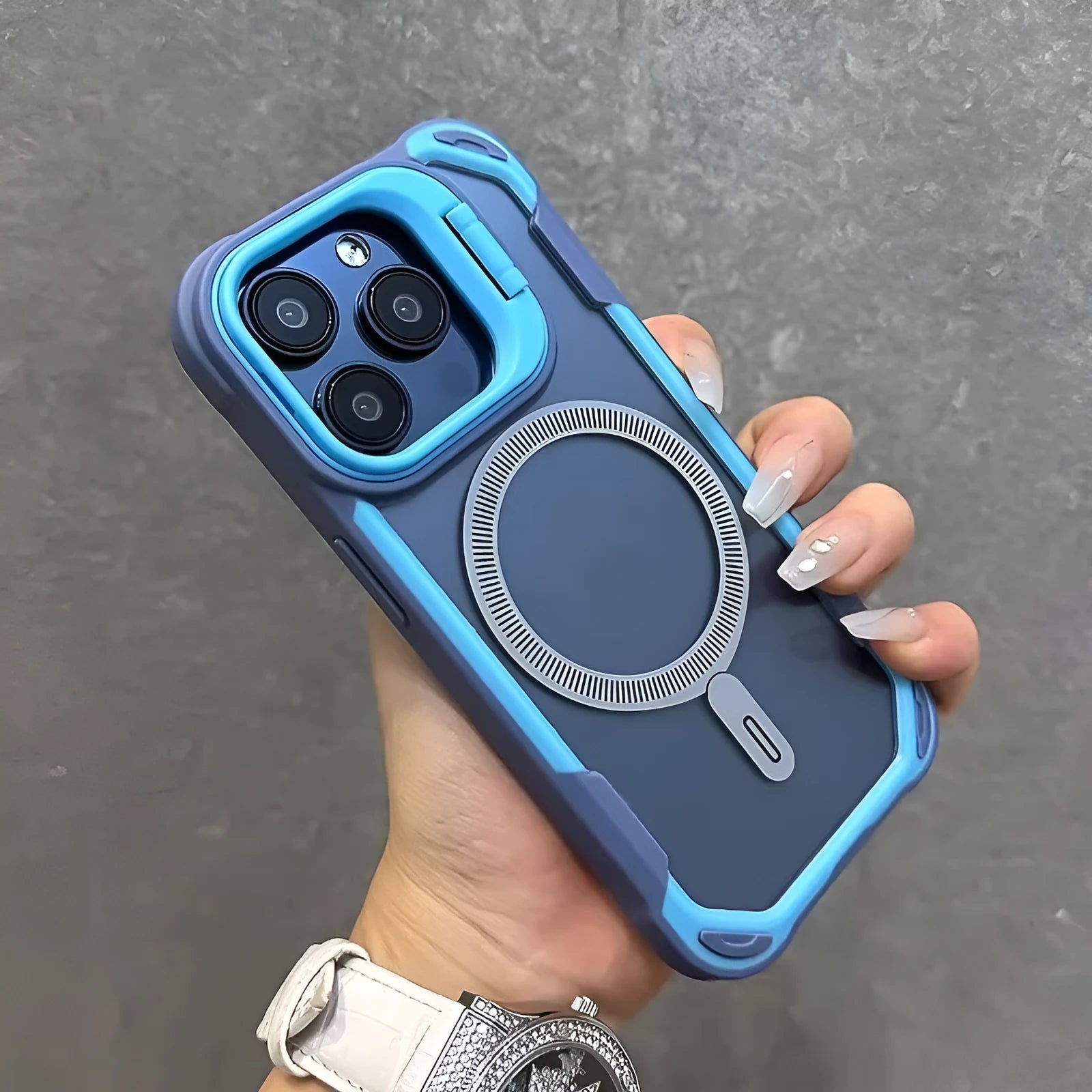 Creative bracket phone case with lens cover and four-corner airbag drop protection for iPhone 13 to 16 Pro Max