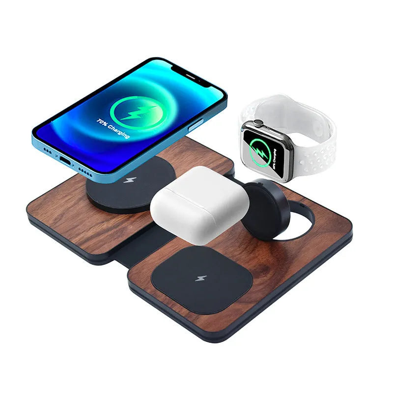 Three-in-one foldable walnut magnetic wireless charger with QC 3.0 fast charging model BY3011 WB