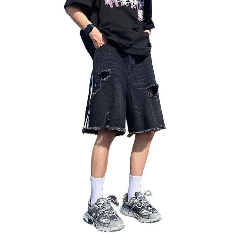 Men's black ripped denim shorts, loose fit, retro three-bar design, fifth length, cotton, sizes S to 3XL.