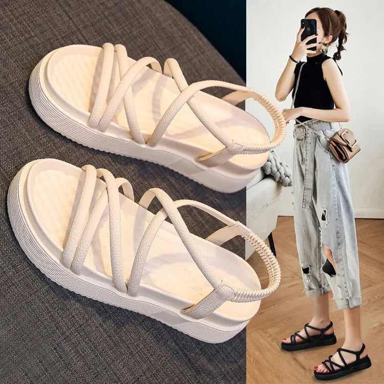 Women's Roman style platform sandals in black with round toe and TPR sole