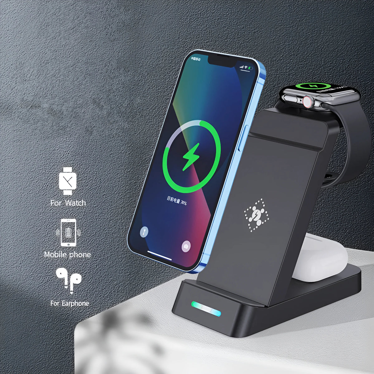 Black and white 65W fast wireless 3-in-1 charging stand for phone, watch, and AirPods on a desk.