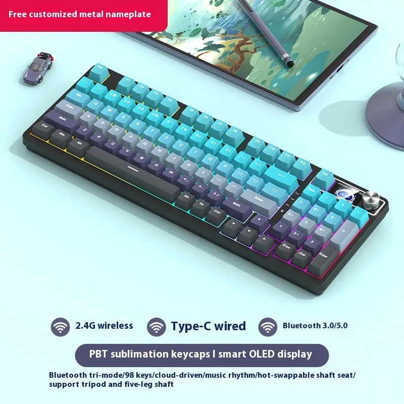 98 key wireless Bluetooth mechanical keyboard kit with optional display screen and metal knob