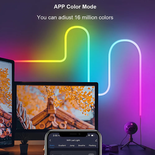 3-metre long flexible RGB LED neon light strip with remote control, showing colour-changing effects.