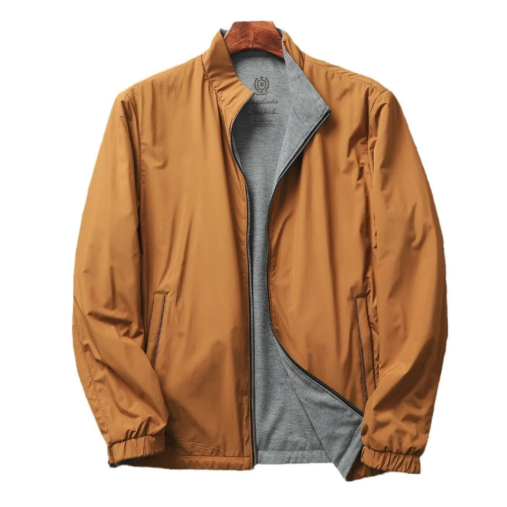 Men's stand collar casual jacket in Army Green, shown on a model, regular fit.