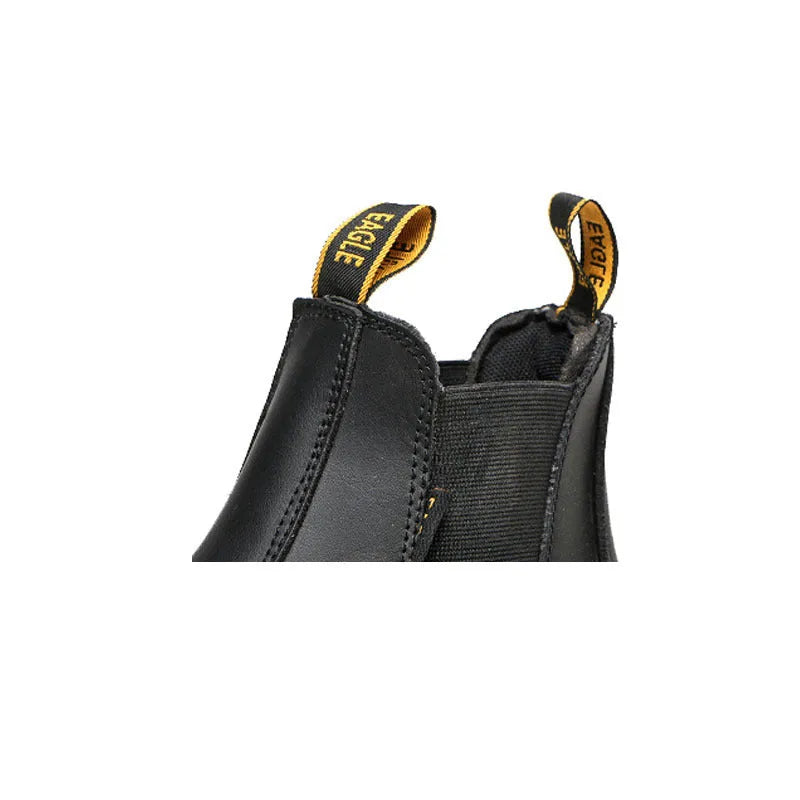 Black high-top leather safety work boots with anti-piercing feature on a work site background.