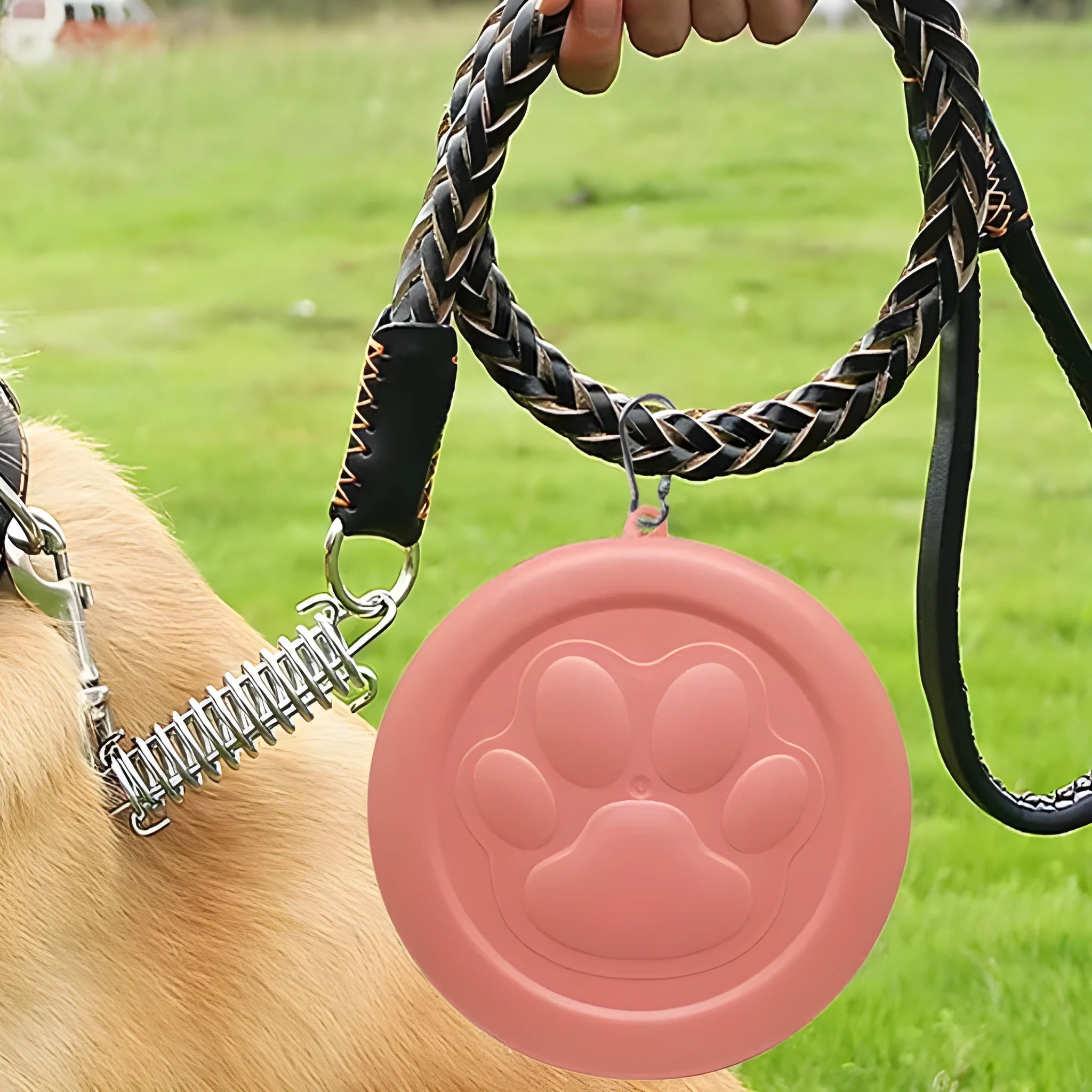 Collapsed and open views of a pink and green silicone portable dog bowl on a grassy background.