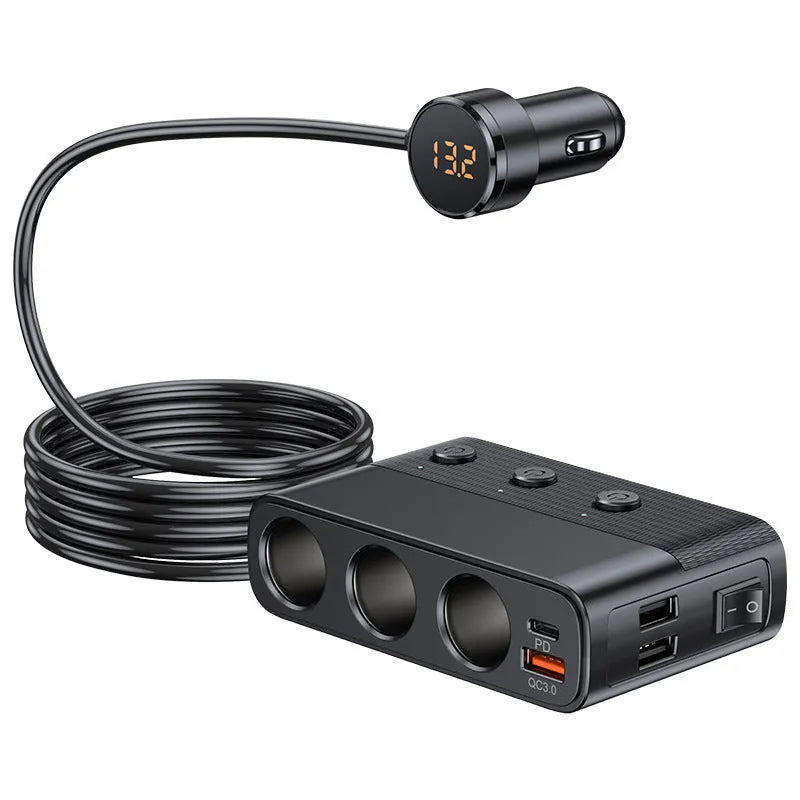 Black vehicle cigarette lighter USB charger with multiple ports showing dimensions 116x71x33mm