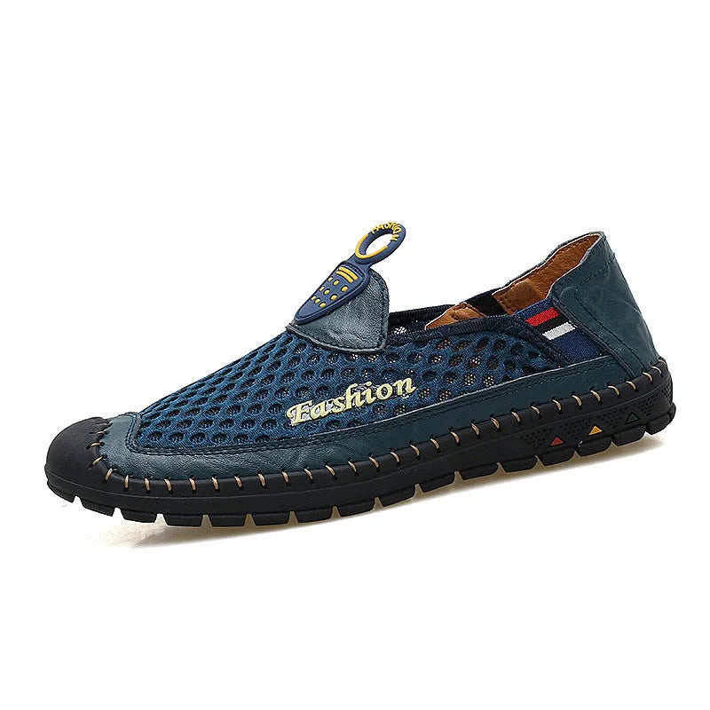 Men's brown breathable mesh casual slip-on shoes with a round toe and rubber sole on a white background.