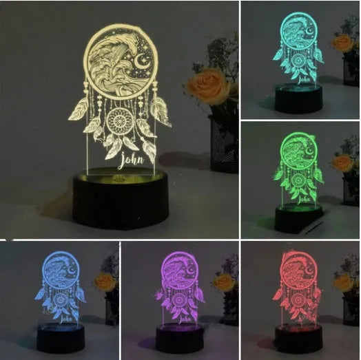 Modern acrylic dream catcher night light with remote control on wooden surface
