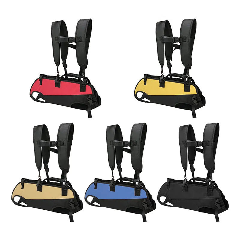 Multifunctional soft Oxford cloth pet backpack stretcher carrier in black with blue trim, shown in backpack mode.