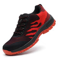 Red summer safety shoes with steel toe cap and breathable mesh upper on a white background