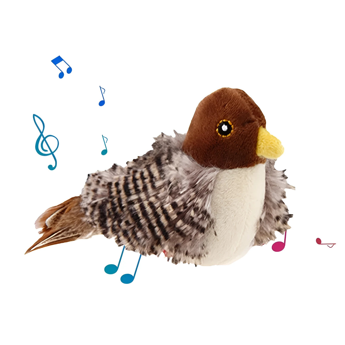 Interactive chirping bird cat toy made of velvet, 5.7x2.8x2.2 inches, with feather and ring for play.