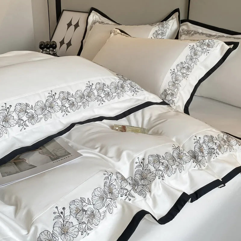 120 thread count long-staple cotton embroidered four-piece bedding set in grey, pink or white for 1.5 m or 1.8 m beds