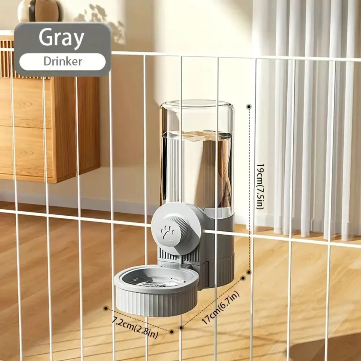 1.2L automatic pet feeder and 520ml water dispenser in elegant grey, made from PP plastic, for small dogs, cats and rabbits in a cage setting.