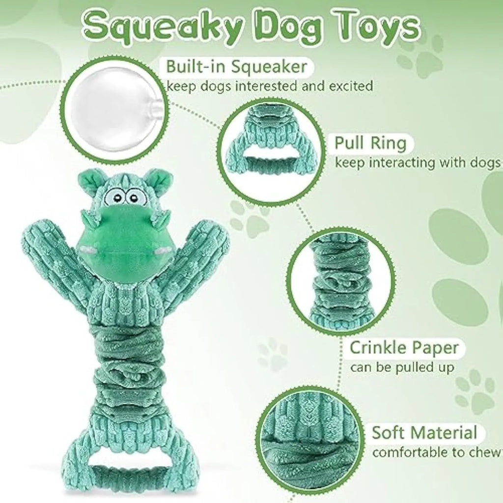 Large squeaky plush dog toy shaped like a hippo or monkey with a tug handle