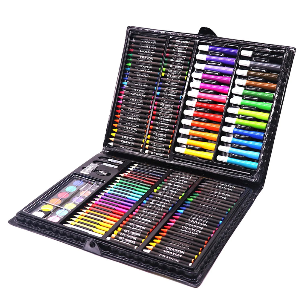 168-piece watercolour pen set in black plastic case with oil pastels and brushes
