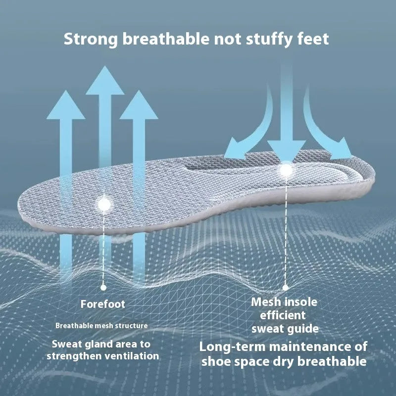 Breathable PU sports insoles in black, grey, or orange colours with trimmable edges for custom fit.