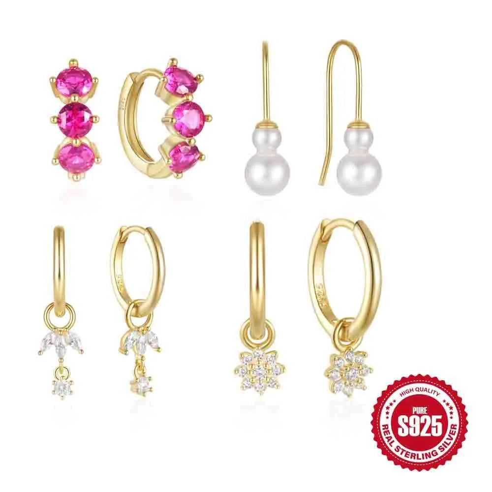 A pair of geometric sunflower design earrings in sterling silver with golden zircon stones, showcasing Mori fairy style.