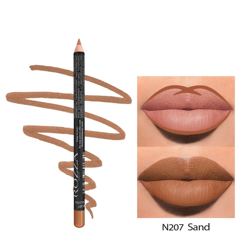 Wooden casing lip liner pencil shown in one of 14 shades with matte, long-lasting finish.