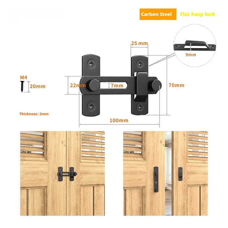 Stainless steel and carbon steel 90-degree sliding door hasp lock for barn and warehouse doors.