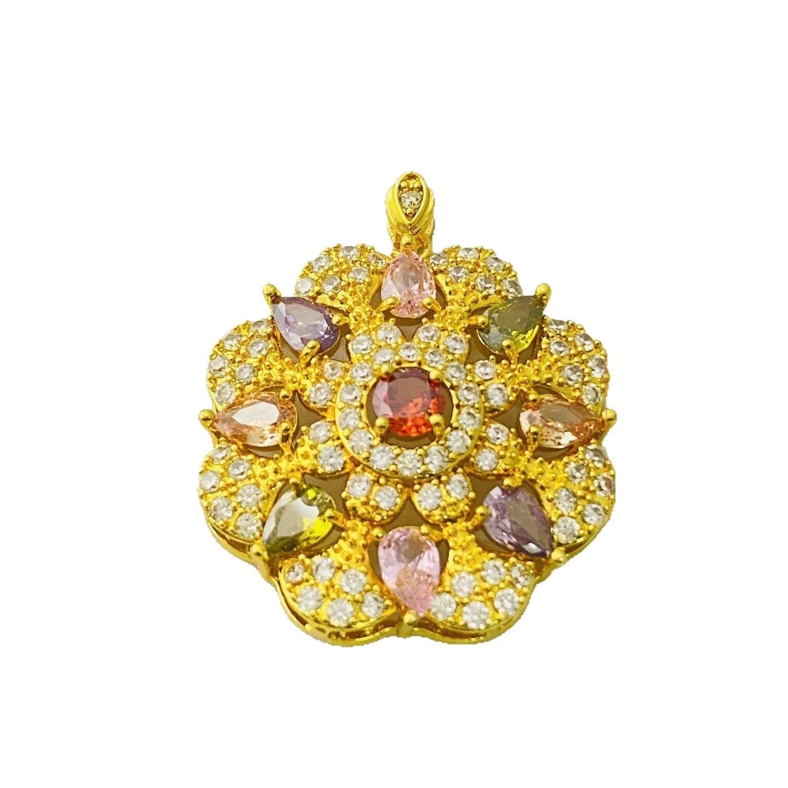 Close-up of a colourful zircon flower pendant necklace in a gold finish, showing floral detail.