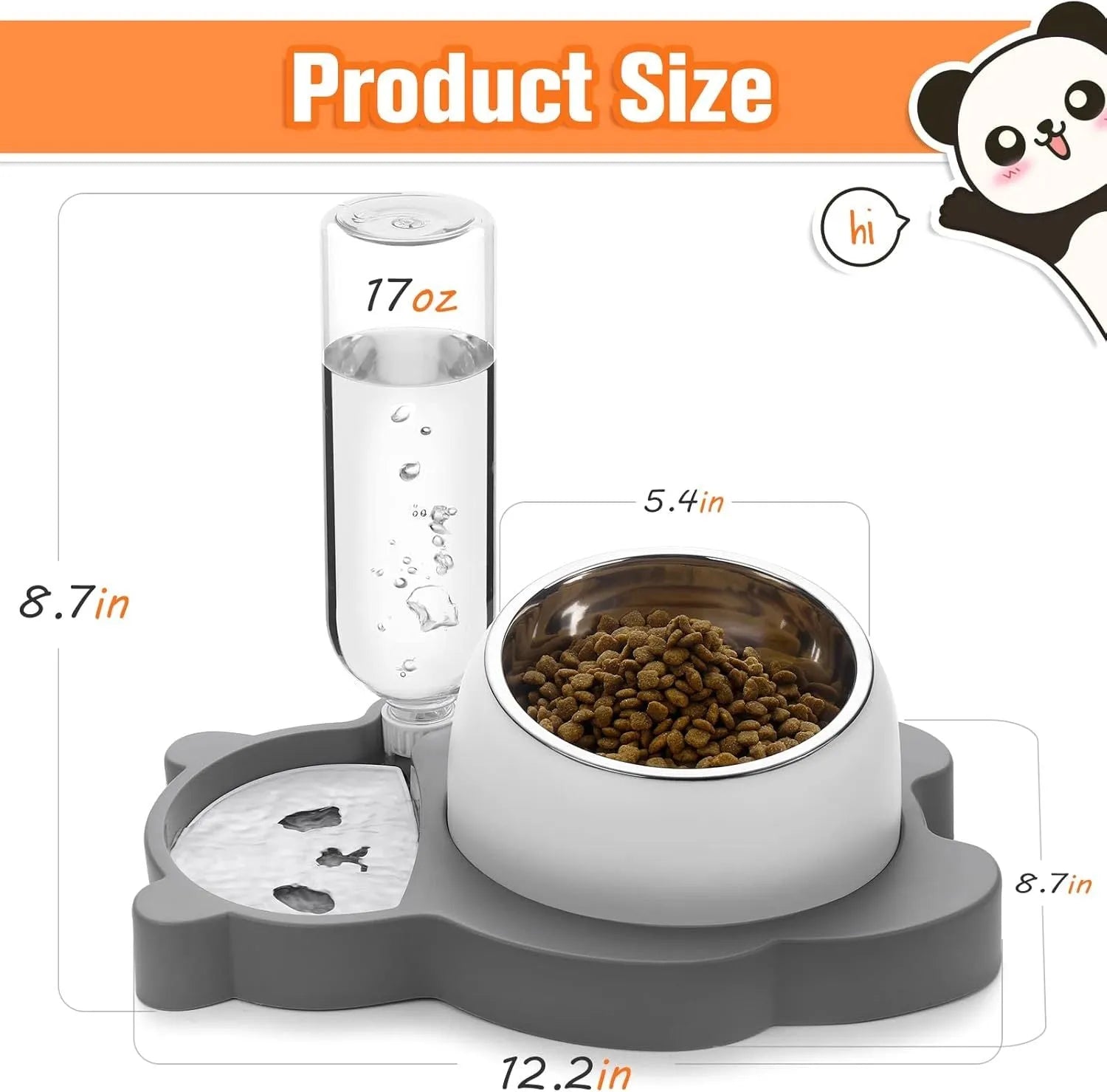 Grey tilted elevated pet bowl set with automatic water dispenser bottle and panda design