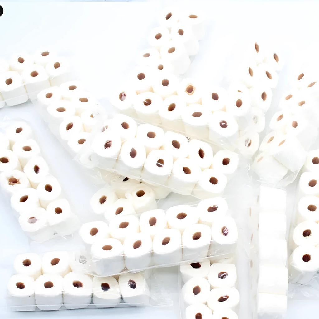 Miniature simulated toilet paper roll model made from paper for dollhouse and children's pretend play.