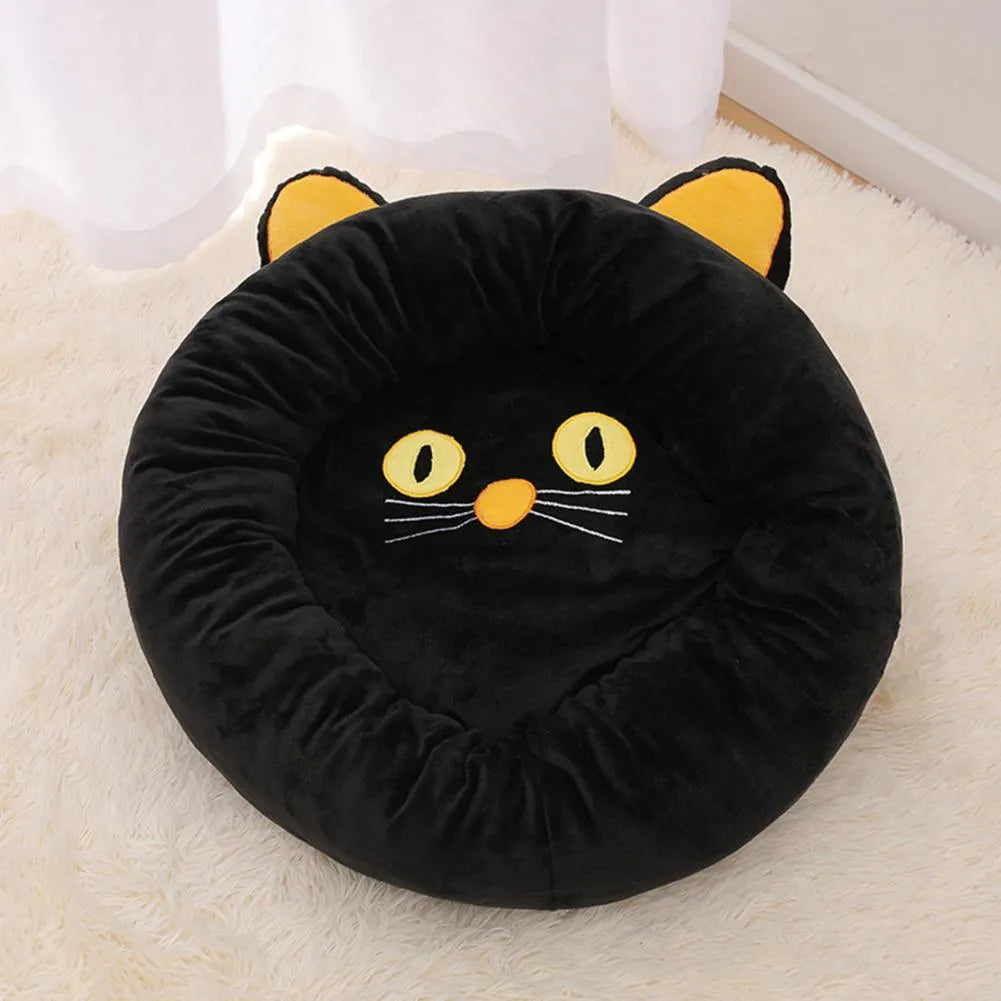 Black cat shape velvet pet nest bed with raised edges for cat head and neck support