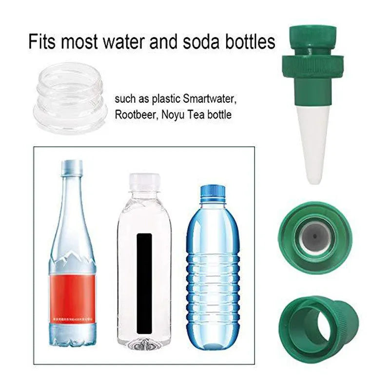 Green ceramic plant water dripper attached to plastic bottle for DIY garden irrigation system