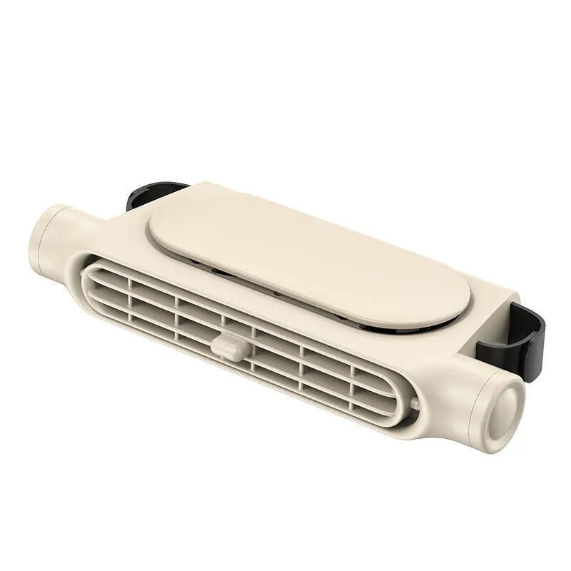 USB-powered car fan with velcro mount, shown in black, white, and beige colour options for vehicle seat use.
