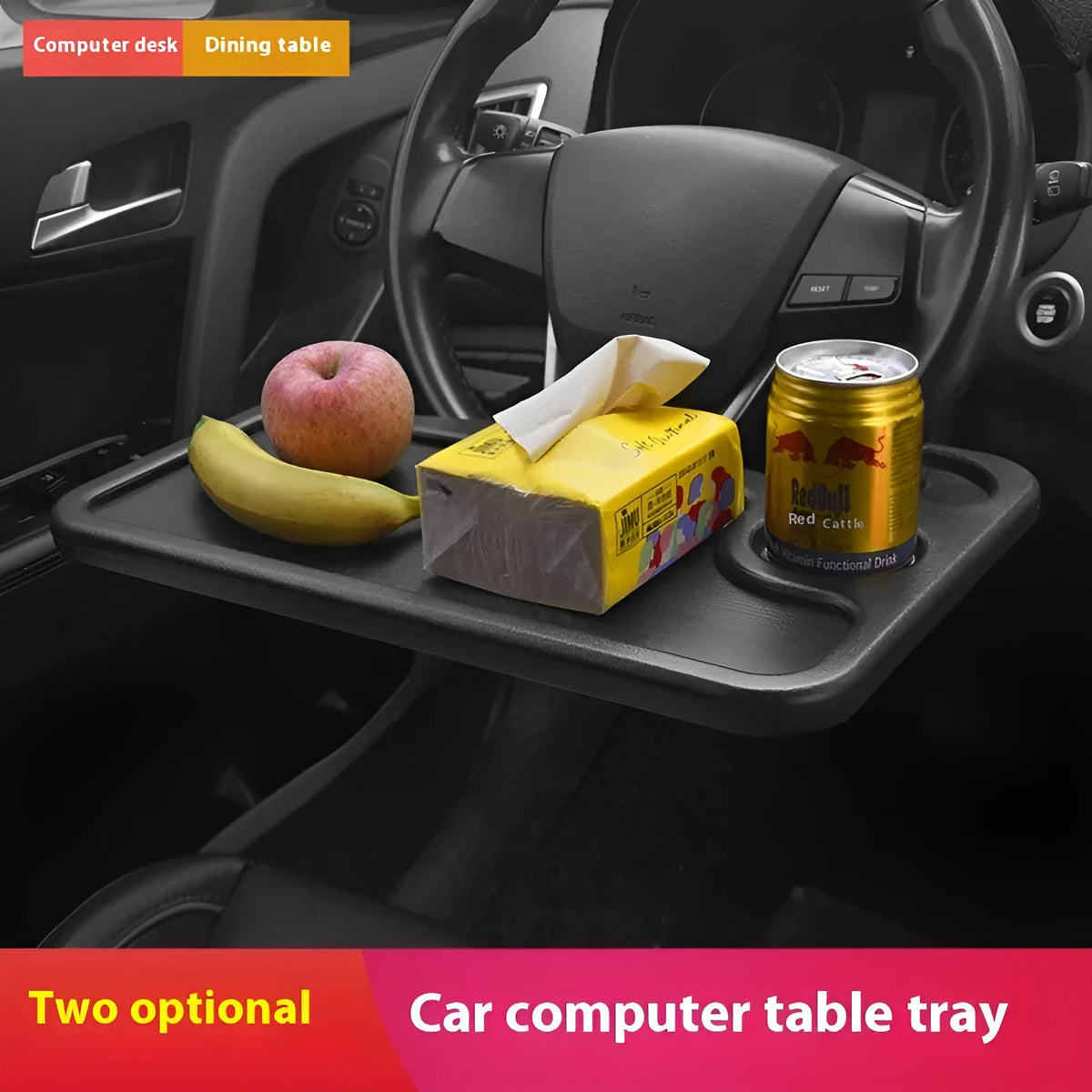 Large black PP steering wheel car desk tray with storage rack, placed over a steering wheel