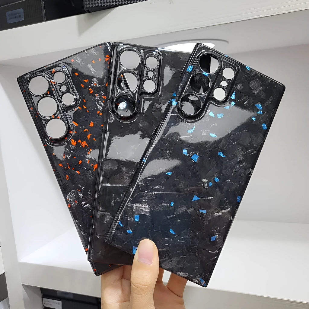 Forged carbon fibre phone case for Samsung S25 Ultra in bright black with heat dissipation