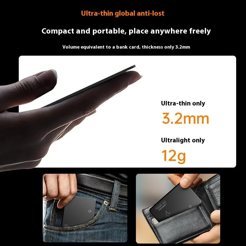 Black slim Find My compatible Bluetooth tracking card with rechargeable battery for keys and wallets.