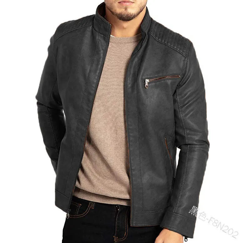 Men's artificial leather punk motorcycle jacket with stand collar in army green colour